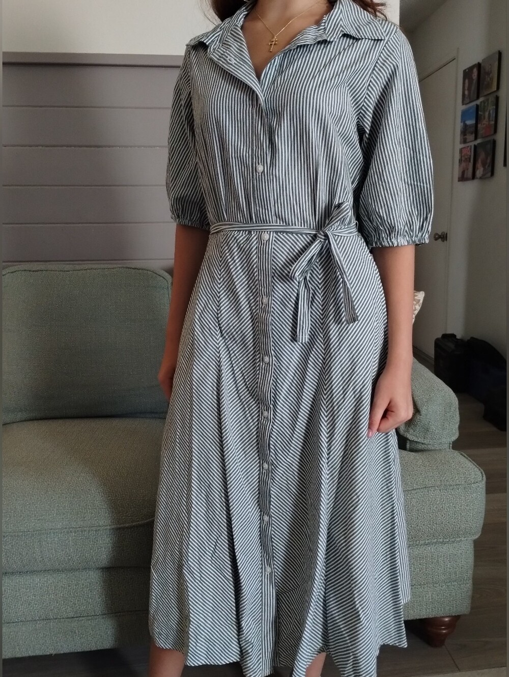A new day Green and White Striped Midi Shirt Dress with Belt, Women's Small